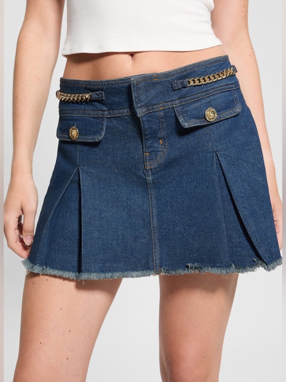 New Guess Blue Denim Mini Skirt with Gold Chain Trim